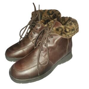 La Canadienne Size 8 Brown Leather Shearling Lined Laced Fold Over Winter Boots